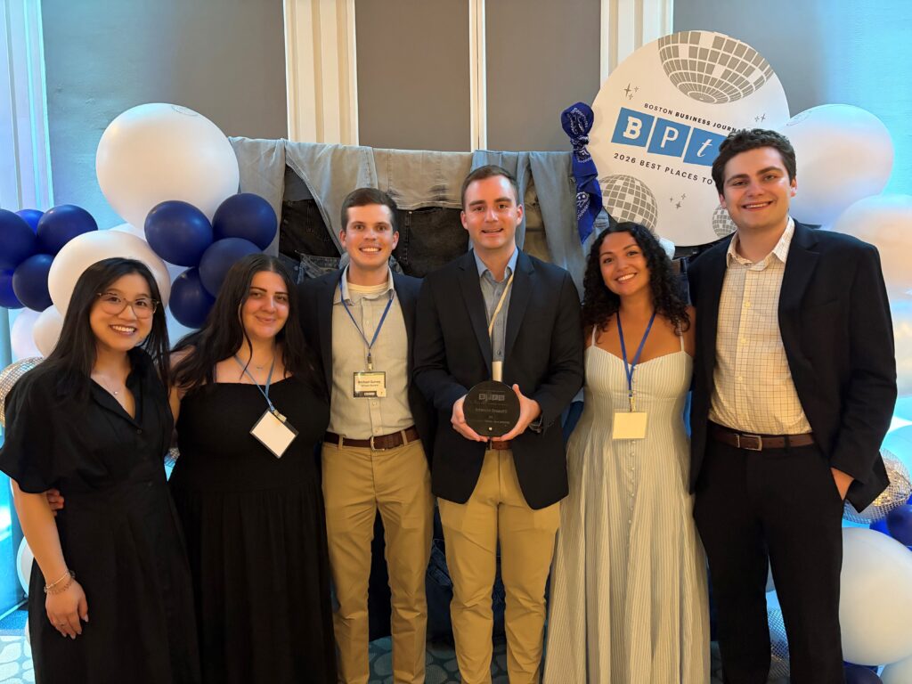 Photo of (l-r) Johnson Brunetti’s Jacqueline Ng, Gabriella Muraca, Michael Gurney, David Bartkus, Marisol Handren and Max Gordon at Boston Business Journal awards banquet.